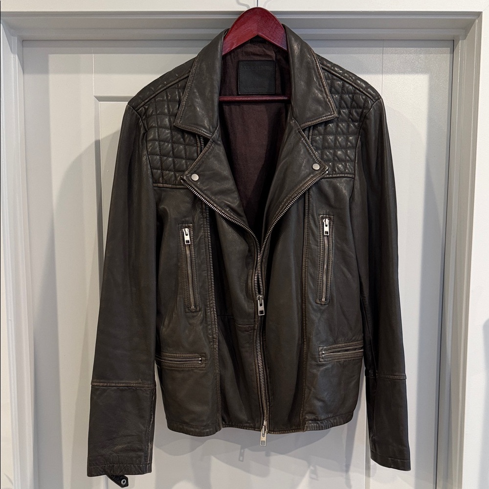 All Saints Brown Leather Biker Jacket - Size Large